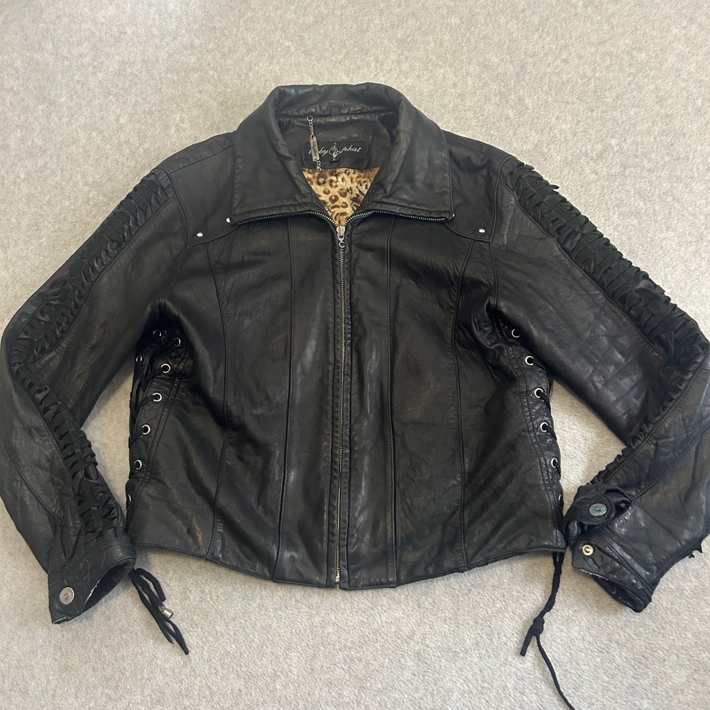 Baby Phat‎ Leather Jacket Womens Large Black Y2K Moto Animal Print Vintage